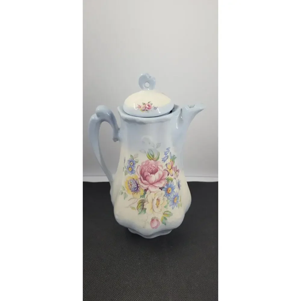 floral Coffee Pot with Lid Blue Pink Flowers Ceramic Cottage Decor 9